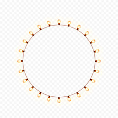 Light circle banner isolated on transparent background. Vector round Hollywood bulbs frame. Las Vegas casino night sign. Glowing fairy Christmas garland string, border or makeup mirror with lamps