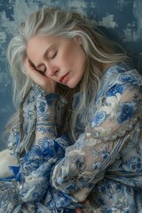Fototapeta premium A woman with gray hair and blue dress laying down. Generative AI.