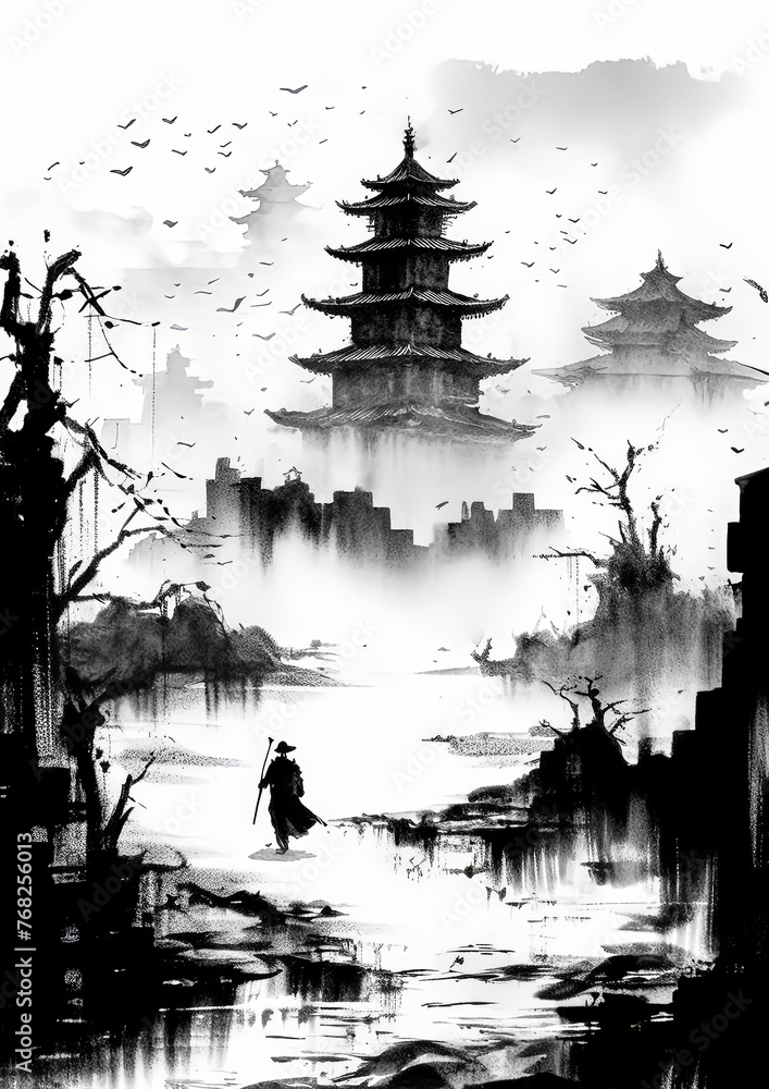 Poster a man is walking in front of a tree and a building.