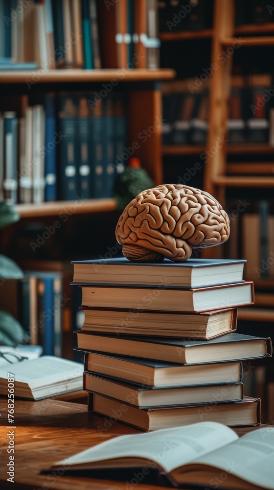 Aufkleber a brain on top of a stack of books. generative ai.