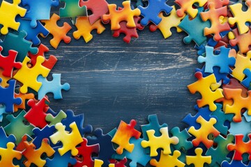 Blue, yellow, red pieces of puzzle frame on wooden background with copy space for text. World autism awareness day concept. Top view