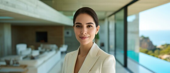 A woman in a white suit standing in front of a large window. Generative AI.