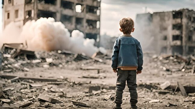 Desperate Poor Afraid Child Standing in The Middle of War Zone Deserted Demolished City Buildings Burning in the Background