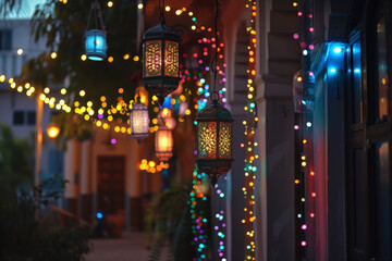 Fototapeta na wymiar Lanterns and Festive Lights Adorning Street