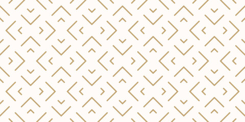 Golden vector geometric seamless pattern with lines, arrows, grid, lattice. Elegant minimal abstract gold and white ornament. Luxury modern minimalist background texture. Simple repeated geo design