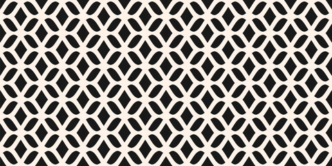 Elegant vector mesh seamless pattern. Abstract minimal background with curved lines, wavy shapes, diamonds, leaves. Monochrome texture of grid, lace, weaving, net, lattice. Black and white ornament