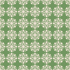Simple vector geometric floral ornament. Abstract green and beige seamless pattern with flowers in regular grid. Elegant retro vintage style background texture. Repeating design for print, textile