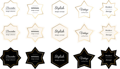 Vector set of modern minimal golden frames. Luxury labels with copy space for text. Simple abstract minimalist badges. Stylish linear shape logotype borders. Trendy geometric graphic design elements