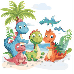 Cute cartoon dinosaurs on the beach. Vector illustration for your design