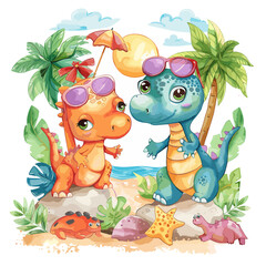 Cute dinosaurs on the seashore. Cartoon vector illustration.