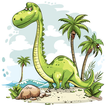 Illustration of a green dinosaur on a island with palm trees and coconut
