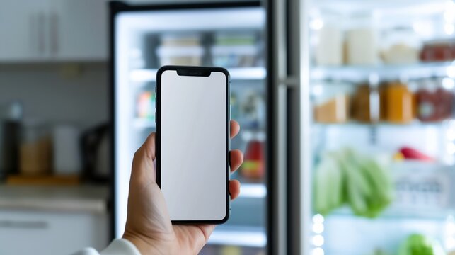a person holding a phone in front of a refrigerator door with food in it and a bottle of juice in the background