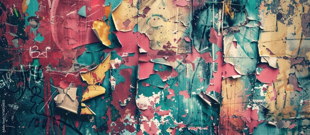 Poster the close-up shot showcases a wall with peeling paint, revealing layers of old colors and textures. 