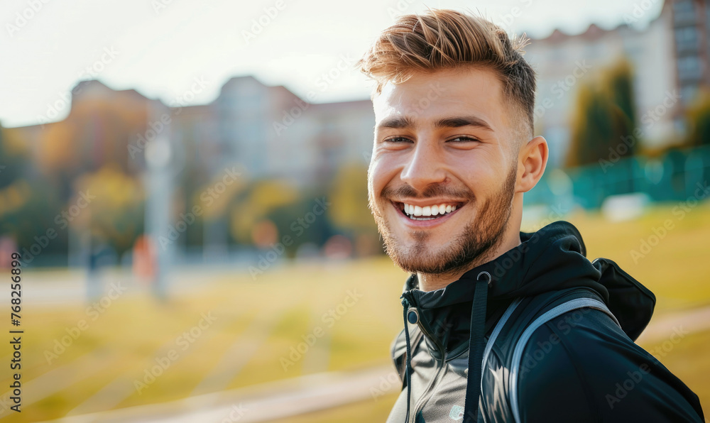 Poster A young athletic man is jogging in the stadium