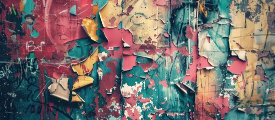 The close-up shot showcases a wall with peeling paint, revealing layers of old colors and textures. The deteriorating surface creates a unique pattern that adds character to the urban setting. - obrazy, fototapety, plakaty
