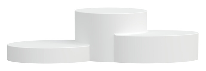 Three white podiums for product presentation isolated on transparent background