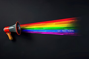 Gay pride month megaphone with colorful rainbow over dark background