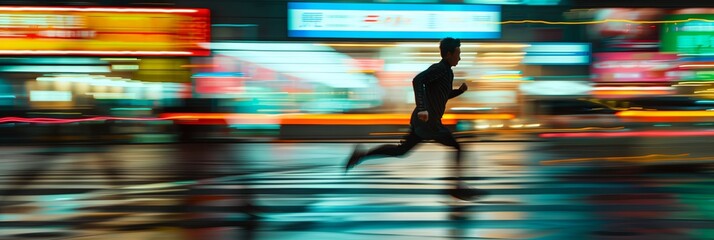 a man running in the city at night time - 768257015