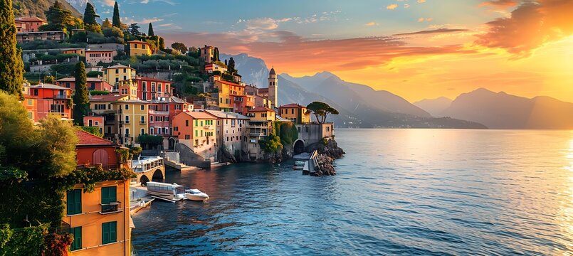 Scenic view of a coastal town with colorful buildings and mountains in the background at sunset