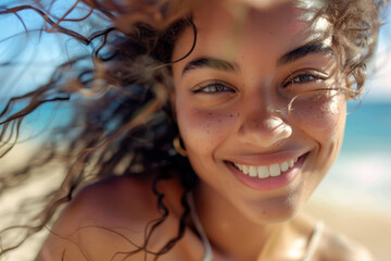 A woman with long hair is smiling and looking at the camera
