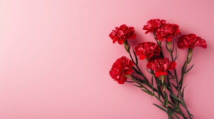 Bouquet of red or crimson carnations in top right corner on pink background. Valentine's Day. March 8 Women's Day. Mother's Day. Grandma Day. Happy Birthday. Wedding. Greeting card with copy space - Powered by Adobe