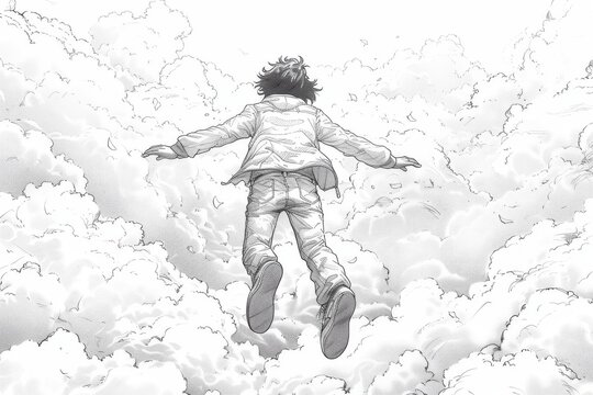 The happy man is jumping higher in the clouds in a one-line drawing