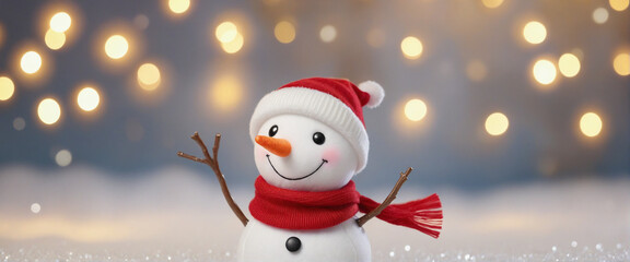 Christmas banner with snowman doll in a red scarf and a hat and Bokeh light, High-quality banner