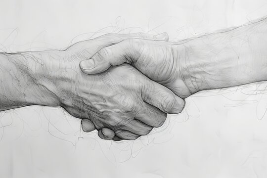 Hands holding together with continuous lines