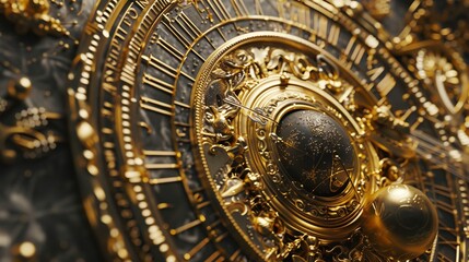 a close up of a gold clock face