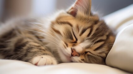 Cute cat sleeping on the white pillow with blurred sunlight from window.