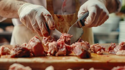Close up of chopped pieces of meat and male hands of butcher in special gloves cutting fresh meat with knife. Meat pork or beef on table in butchery. Worker in white uniform and brown apron.