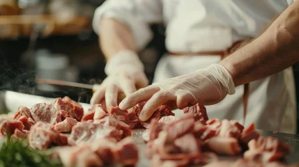 Fotobehang Close up of chopped pieces of meat and male hands of butcher in special gloves cutting fresh meat with knife. Meat pork or beef on table in butchery. Worker in white uniform and brown apron. © Nijat