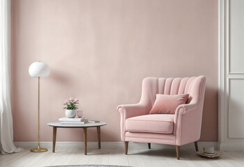 Light pink armchair on an empty light wall backdrop, cizy room