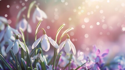 Common snowdrop - blooming white flowers in early spring in the forest, closeup with space for text. Spring background.