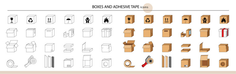 icon set, box icon set, color box icon set, duct tape icons, box labeling