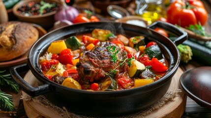 Cooked shank with vegetables in the cooking pot. Many foods on the table. - obrazy, fototapety, plakaty