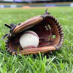 A Baseball in a Baseball Mitt on grass