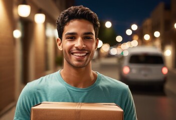 A delivery man smiles during an evening delivery, service illuminated by the street lights.