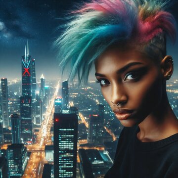A young beautiful black punk woman with rainbow hairstyle on a rooftop at night. Boldness, proud. Lgbtq, queer, lesbian, homosexual. Freedom. Equality. Plain background. Generative AI