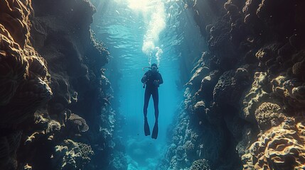 Scuba Diver Swimming Through Cave