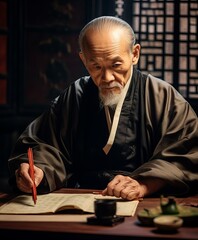 A Buddhist monk reads a book in the dark near a light source. Concept: knowledge and study of religion, spirituality and faith