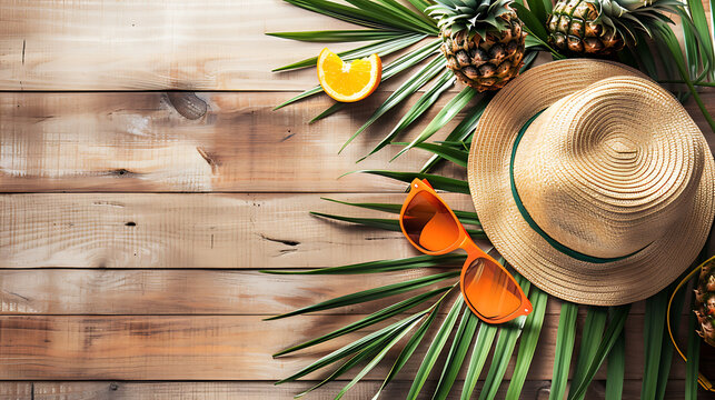 A straw hat adorned with orange sunglasses rests on a wooden surface, evoking a summery vibe.
