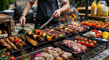Family or friends prepare barbecue in their kitchen. Assorted delicious barbecue with meat and vegetable  - obrazy, fototapety, plakaty