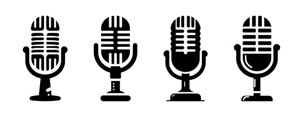 Set of podcast microphone icons isolated on white background – Set of black microphones for podcast logo designs, or decorations - obrazy, fototapety, plakaty