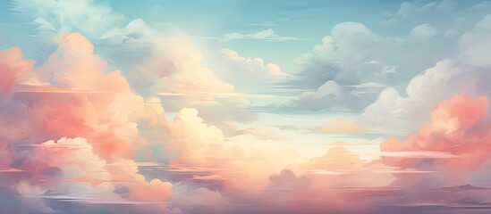 Scenic artwork depicting a beautiful sky filled with fluffy clouds above calm water with a solitary boat floating, creating a tranquil scene - obrazy, fototapety, plakaty