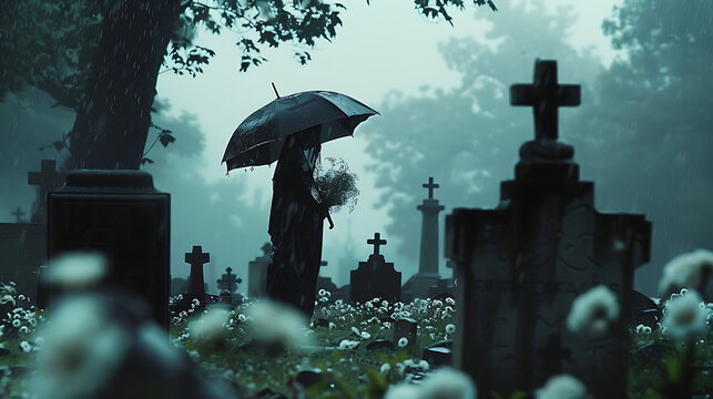 The image portrays a solemn scene in a cemetery.