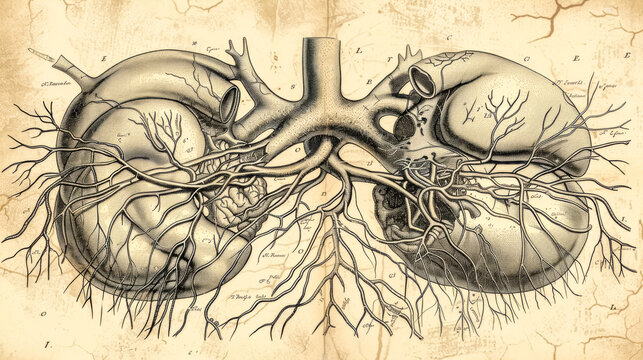 Vintage anatomical illustration of human kidneys