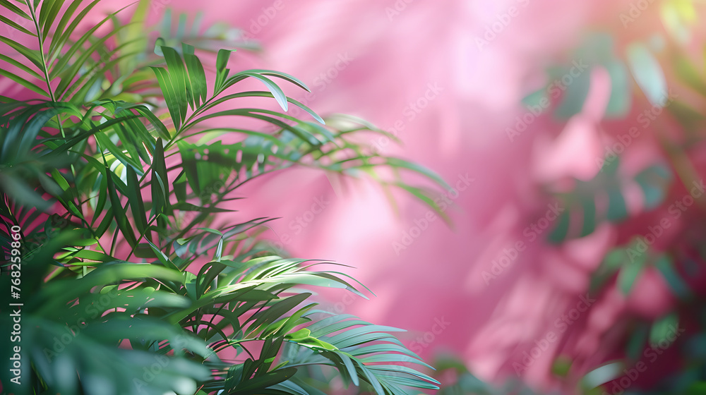 Poster blurred shadow from palm leaves on the light pink wall. minimal abstract background for product pres