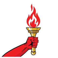 Red hand hold olympic torch. Symbol of Olympic Games, freedom, victory. Vector on transparent background