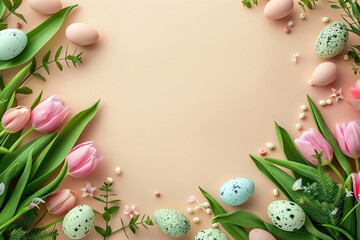 Fototapeta na wymiar Frame made of colored Easter eggs and colorful tulip flowers on light beige background. Happy Easter concept. Simple spring border for greeting card, banner. Top view, flat lay with copy space